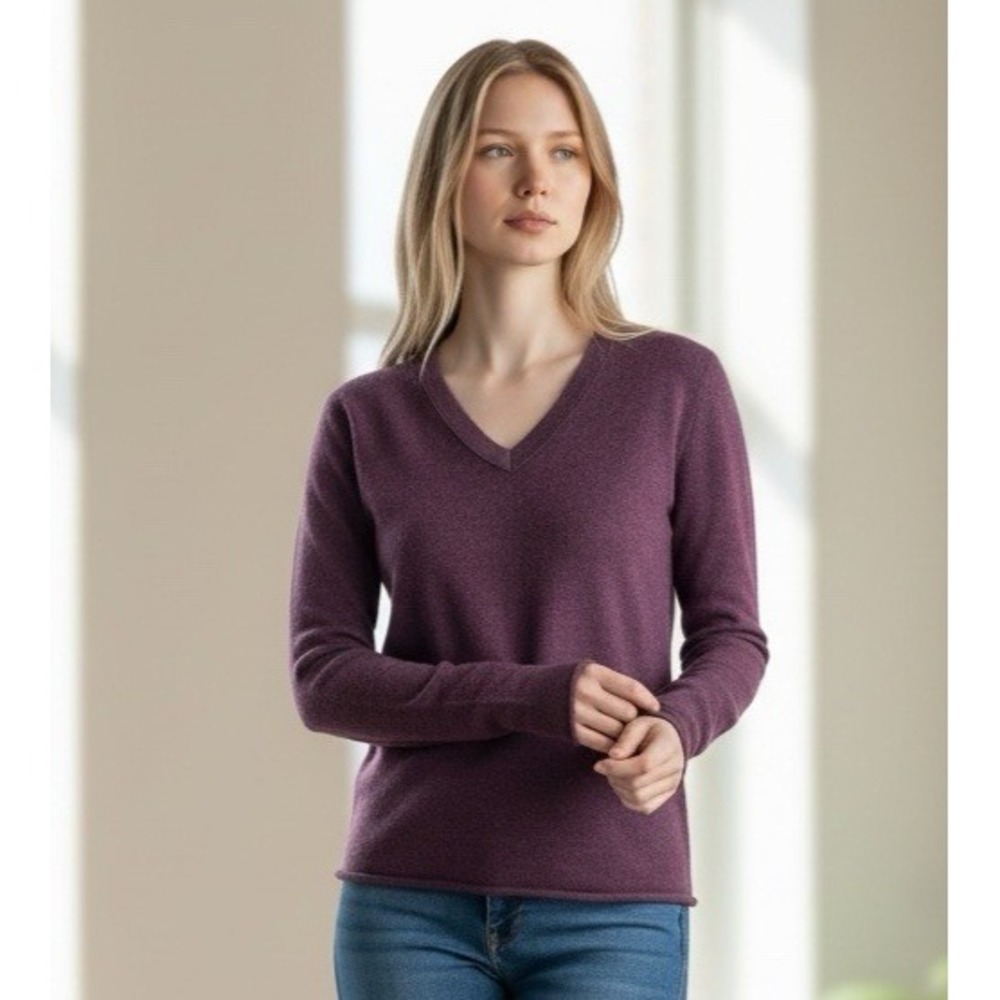 Simply Cashmere 100% Women's S V-Neck Pullover Sweater Burgundy Rolled Edges EUC